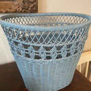 Vintage Cornflower Blue Woven Wicker Waste Basket